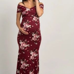 Burgundy Floral Off Shoulder Maternity Gown/Dress